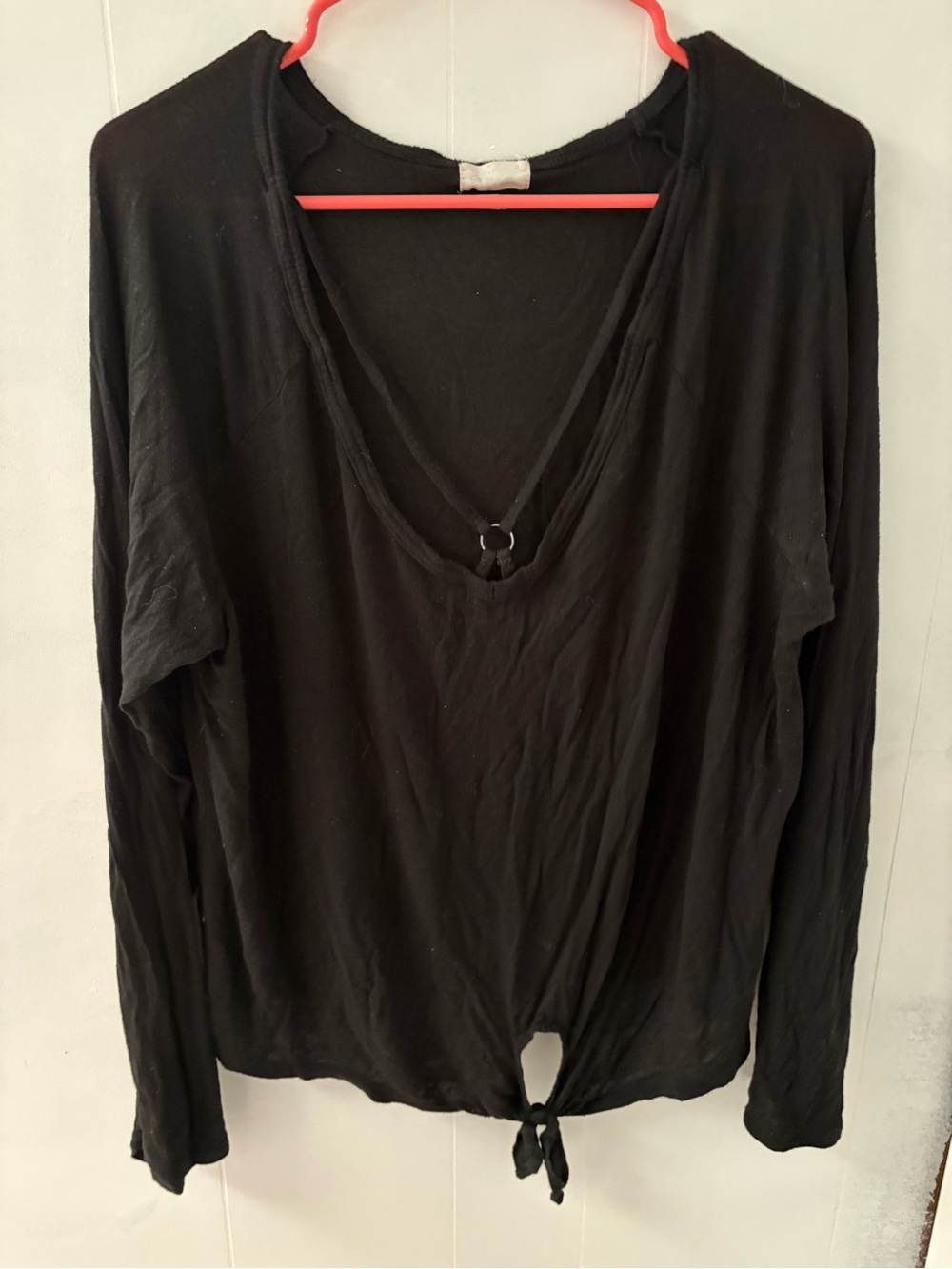 Glitz Black Long Sleeve V-Neck Tie-Front Top
